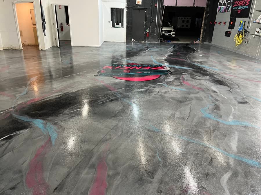 Finished metallic epoxy floor in a commercial space